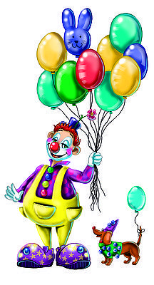 Foto: Clown mit bunten Luftballons neben ihm steht ein Dackel ebenfalls als Clown verkleidet mit einem Luftballon am Schwanz befestigt