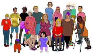 Eine Gruppe von vielen Menschen ist abgebildet. Sie haben unterschiedliche Behinderungen bzw. keine (sichtbaren) Behinderungen und unterschiedliche Hautfarben, Geschlechter, Alter und Aussehen.