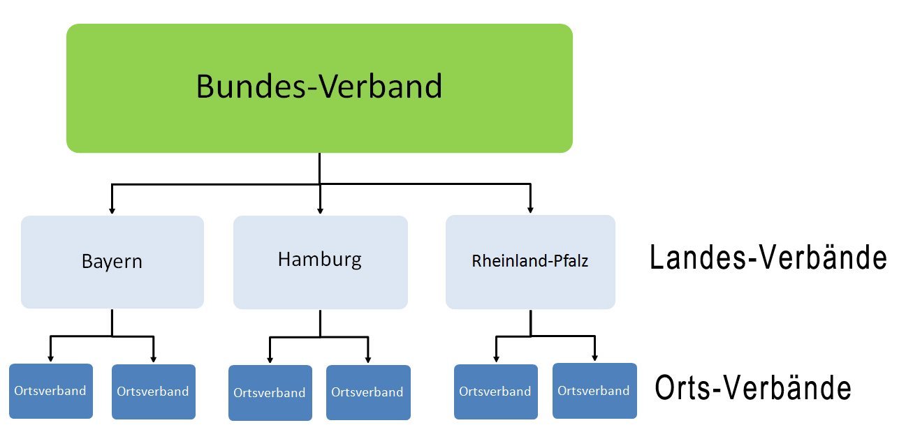 Das Bild zeigt: So gehören der Bundes-Verband, die Landes-Verbände und die Orts-Verbände zusammen. Ganz oben ist der Bund-Verband. Darunter kommen die 13 Landes-Verbände. Darunter kommen die kleineren VdK-Verbände: die Orts-Verbände und Kreis-Verbände