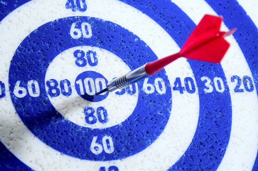 Grad der Behinderung Eine blau-weiße Zielscheibe mit aufgedruckten Zahlenwerten zwischen 20 und 100.