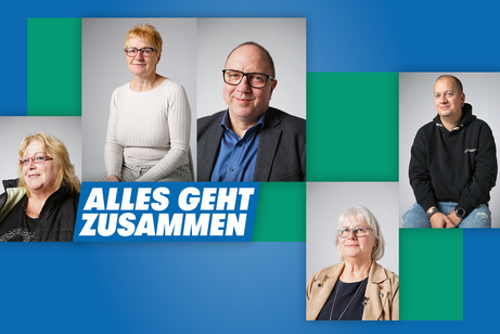 Collage VdK-Ehrenamtler Die Collage zeigt fünf Portraitfotos von Menschen, die ehrenamtlich im VdK engagiert sind, und das Logo der VdK-Aktion "Alles geht zusammen"