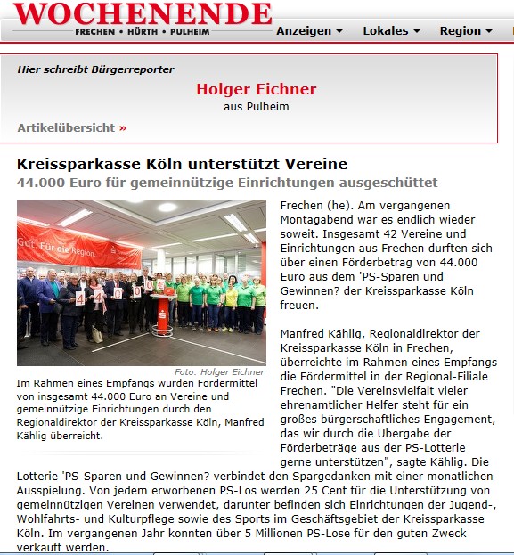 Frechener Wochenende: "Kreissparkasse Köln unterstützt Vereine - 44.000 Euro für gemeinnützige Einrichtungen ausgeschüttet"