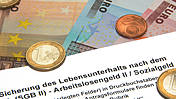 Symbolfoto: Ein Antrag auf Arbeitslosengeld 2 oder Sozialgeld, daneben Scheine und Münzen