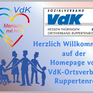 Oben links befindet sich das VdK-Logo „Menschen mit Herz“, rechts oben das Logo „Sozialverband VdK Hessen/Thüringen, Ortsverband Ruppertenrod, links unten das VdK Gruppenlogo und rechts daneben „Herzlich Willkommen auf der Homepage des Ortsverbandes Ruppertenrod“