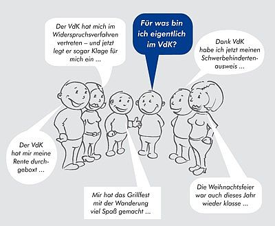 Themenbild: Cartoon zum Thema Was macht der VdK? Einzelne Personen gezeichnet, die verschiedene Fragen zum Thema VdK stellen.