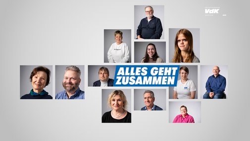 Collage von Portraitbildern von VdK-Ehrenamtlerinnen und Ehrenamtlern und dazu das Logo der Aktion Alles geht zusammen