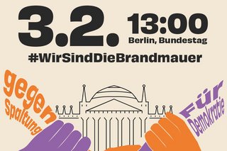 Sharepic zur Demo gegen Rechts am 3.2.2024 in Berlin, auf der Grafik sieht man Hände, die sich festhalten, und das Reichtstagsgebäude
