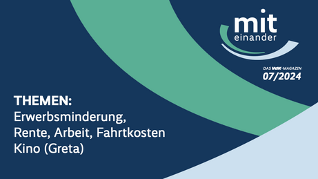 Auf der dunkelblauen und grünen Grafik steht "Miteinander" und die Vorschau der Themen
