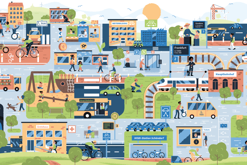 Bündnis Sozialverträgliche Mobiltitätswende Ein Wimmelbild mit Menschen, die mobil sind. Z.B. mit Rollator, der Bahn, im Rollstuhl, Kinderwagen, Taxi, Auto, zu Fuß