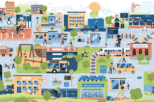 Bündnis Sozialverträgliche Mobiltitätswende Ein Wimmelbild mit Menschen, die mobil sind. Z.B. mit Rollator, der Bahn, im Rollstuhl, Kinderwagen, Taxi, Auto, zu Fuß