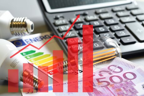 Die Bildcollage zeigt einen Taschenrechner, Gl&uuml;hbirnen, Geldscheine und dar&uuml;ber gelegt einen Graphen mit steigenden roten Balken als Symbol f&uuml;r steigende Preise, vor allem f&uuml;r Energie