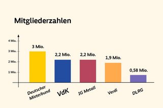 Die Grafik zeigt als Balkendiagramm, wie viele Mitglieder einzelne Organisationen haben: Deutscher Mieterbund - 3 Millionen, Sozialverband VdK - 2,2 Millionen, IG Metall - 2,2 Millionen, Verdi - 1,9 Millionen, DLRG - 0,58 Millionen 