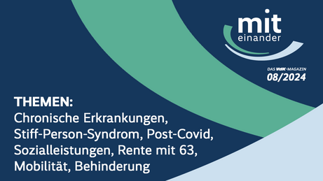 Auf der dunkelblauen und grünen Grafik steht "Miteinander" und die Vorschau der Themen