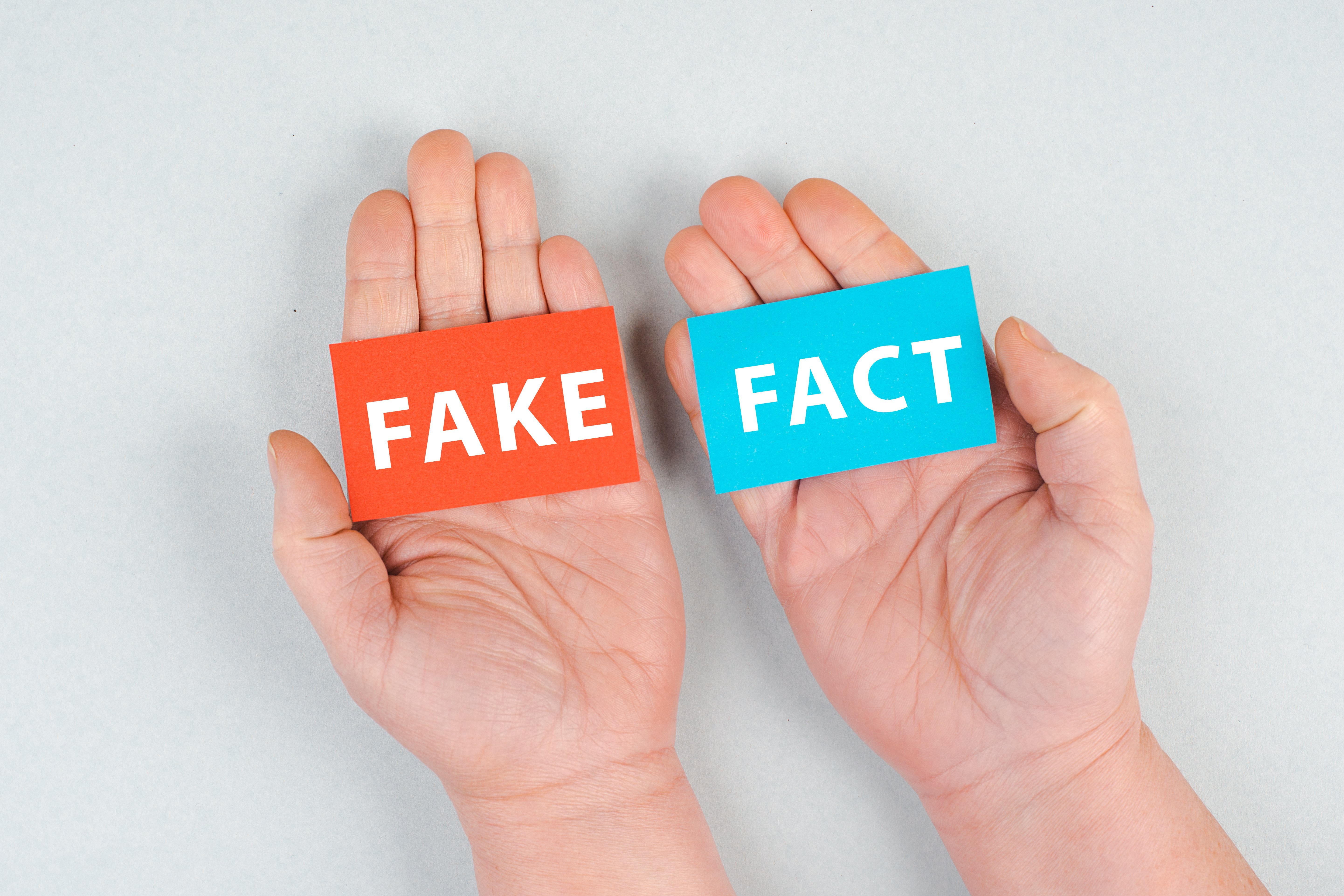 Jemand hält beide Hände mit den Handflächen nach oben, in jeder Hand liegt ein Schild: Links ein rotes mit der Aufschrift "Fake", rechts ein blauens mit der Aufschreift "Fact"