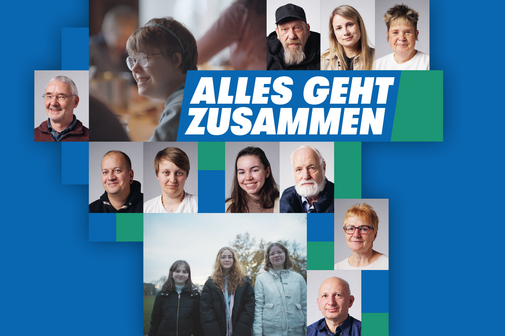 Die Collage zeigt die Gesichter von Menschen, die im VdK ehrenamtlich aktiv sind, sowie das Logo Alles geht zusammen