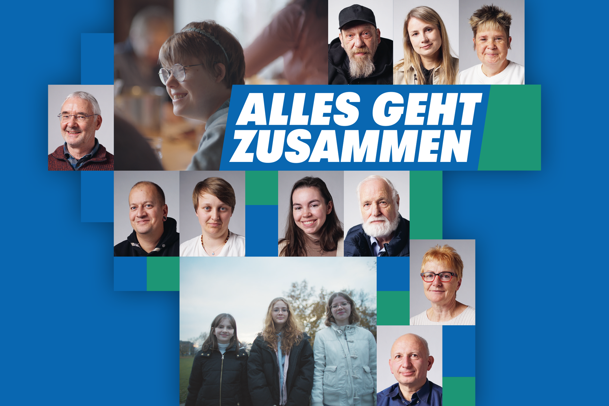 Die Collage zeigt die Gesichter von Menschen, die im VdK ehrenamtlich aktiv sind, sowie das Logo Alles geht zusammen