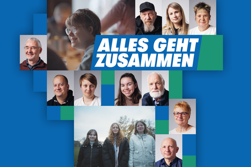 Die Collage zeigt die Gesichter von Menschen, die im VdK ehrenamtlich aktiv sind, sowie das Logo Alles geht zusammen