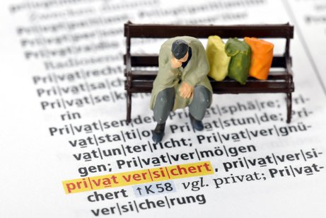 Armut im Alter durch private Krankenversicherung Ein Figürchen, das einen wohnungslosen Mann darstellen soll, sitzt auf einer Parkbank. Das Figürchen und die Bank stehen auf einer Wörterbuchseite, dort ist das Wort "privatversichert" gelb markiert.