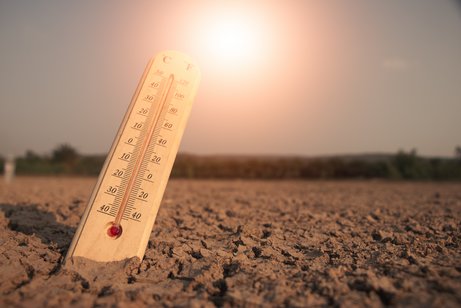 Hitze und Klimaschutz Ein Thermometer steckt im ausgedörrtem, rissigen Erdboden einer Landschaft. Darüber knallt die Sonne vom Himmel.