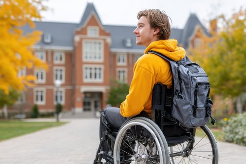 Studium mit Behinderung Ein junger Mann mit einem gelben Sweatshirt und einem Rucksack, der im Rollstuhl sitzt, vor einem Universitätsgebäude.