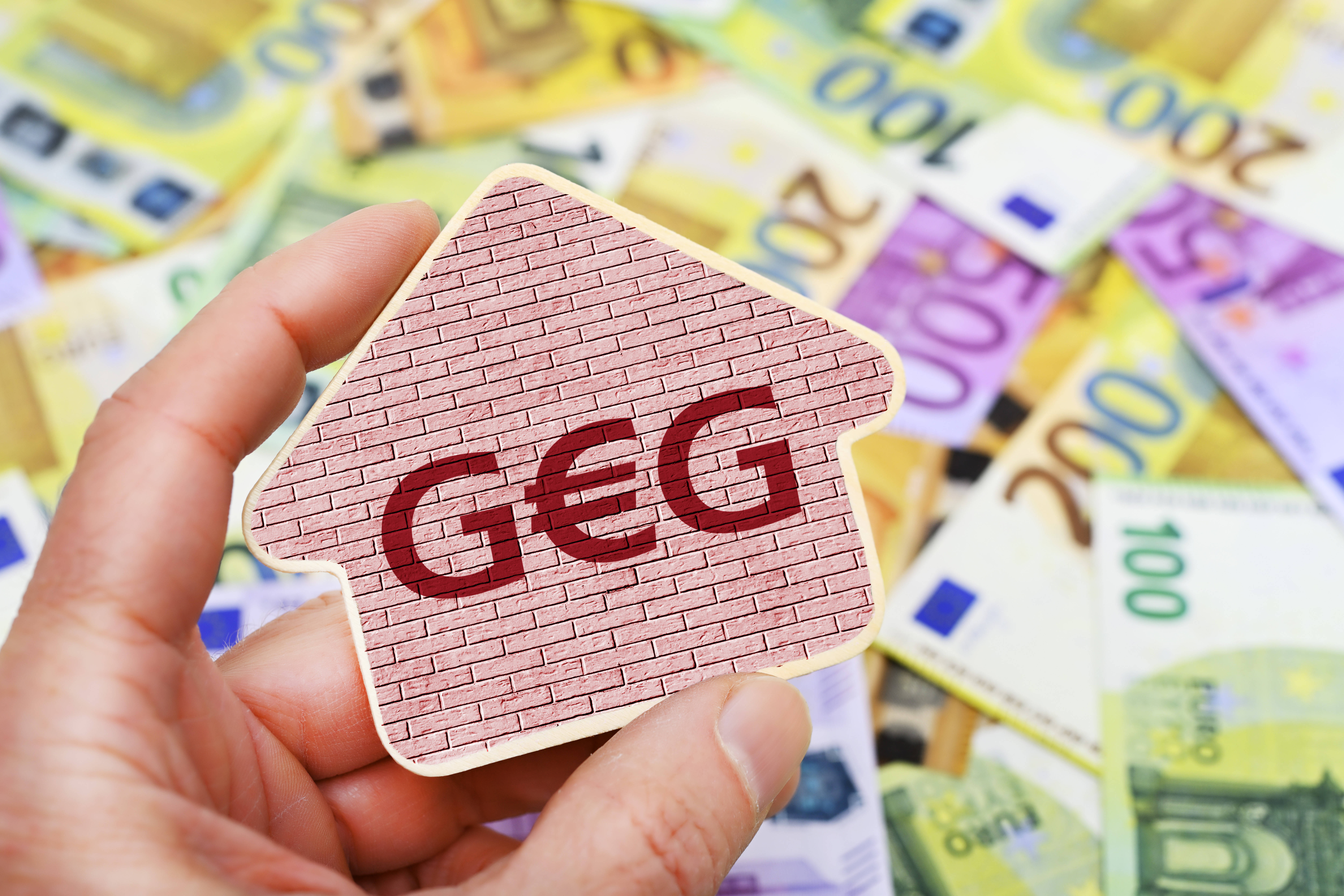 Gebäudeenergiegesetz Eine Hand hält ein Schild mit der Aufschrift "GEG", da E ist ein Eurozeichen. Dahinter liegen viele Euro-Scheine. |