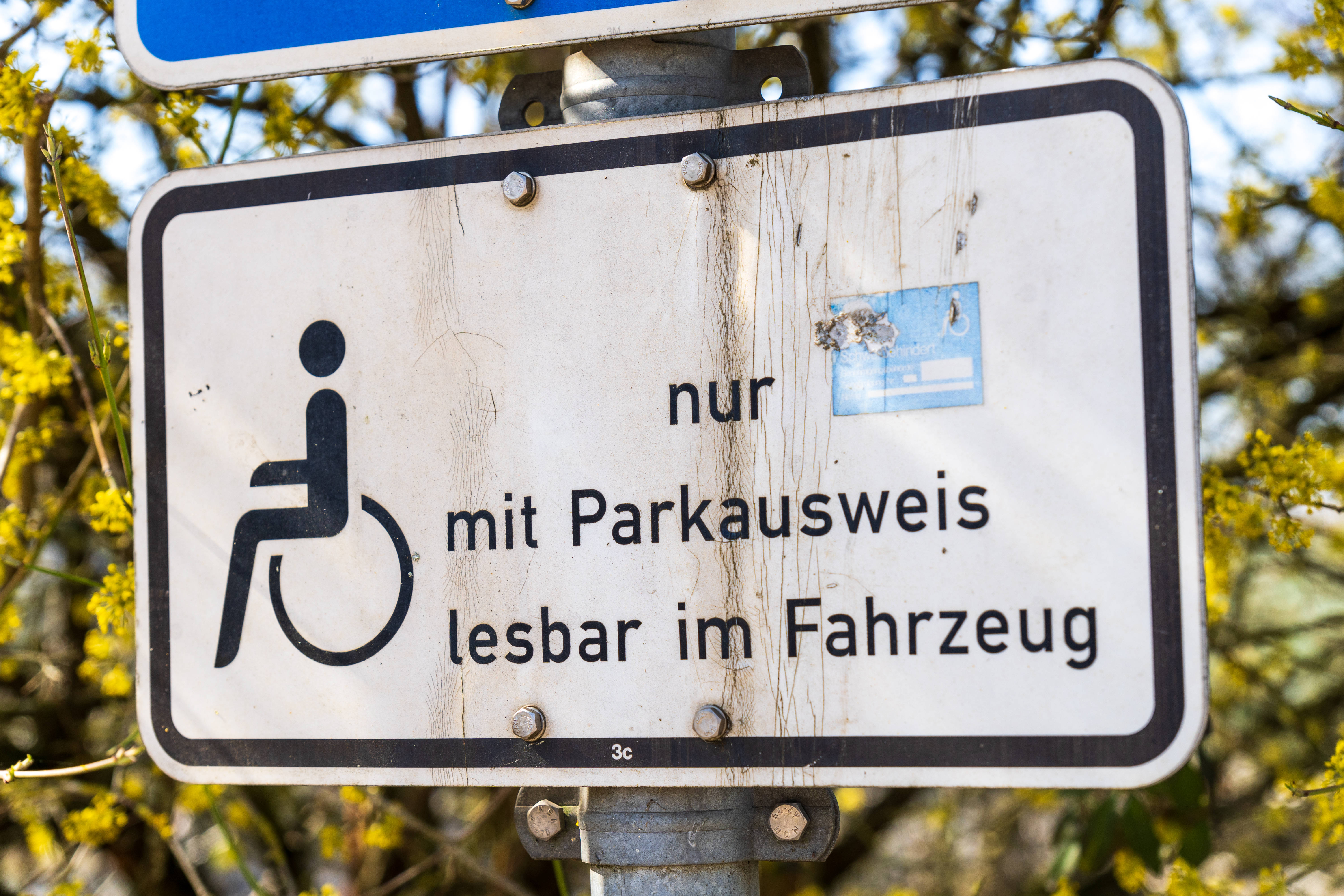 Behindertenparkplatz Ein Verkehrsschild an einem Behindertenparkplatz mit einem Rollstuhl-Symbol und dem Text "nur mit Parkausweis lesbar in Fahrzeug".