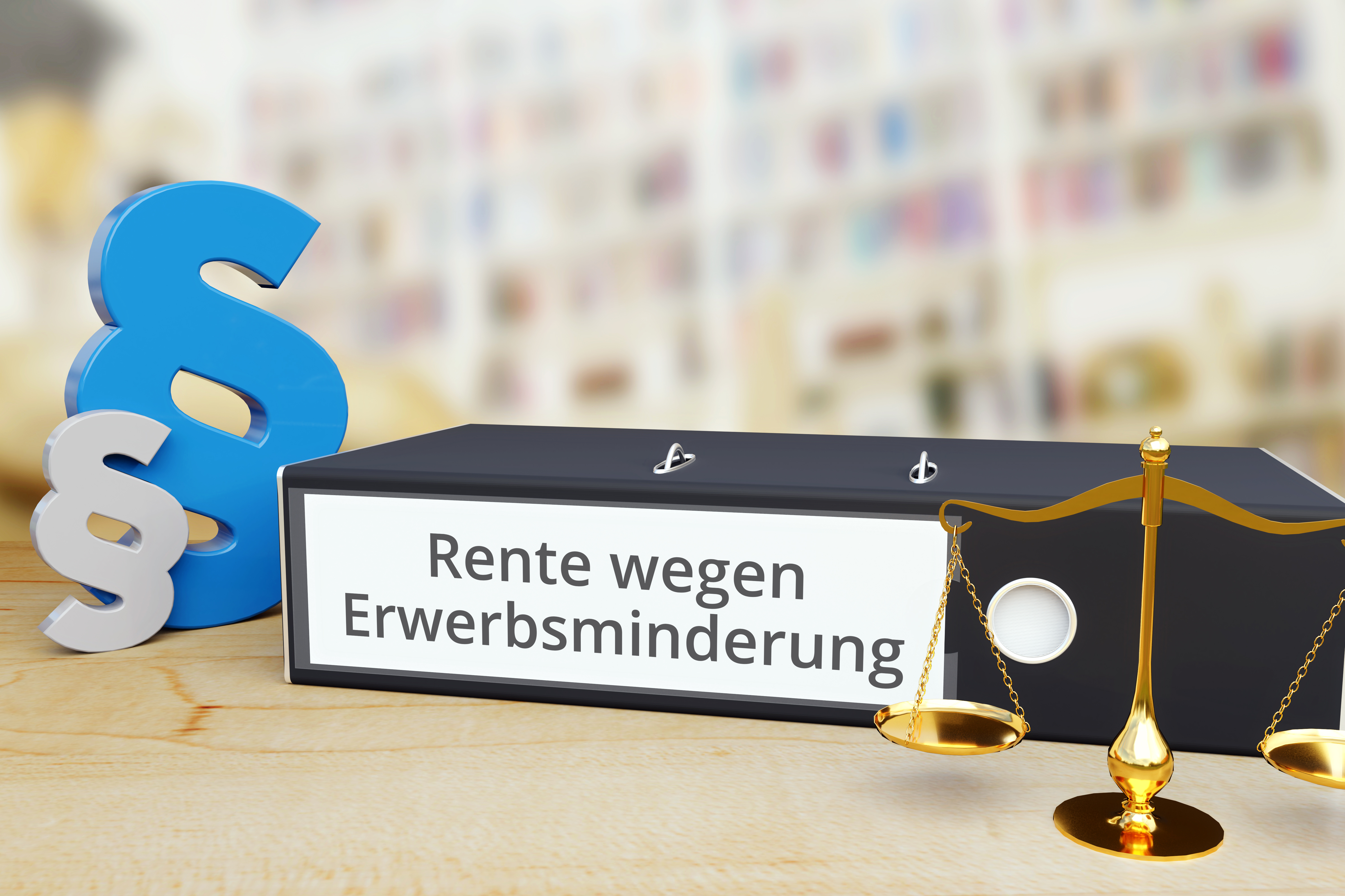 Erwerbsminderungsrente Ordner mit Beschriftung "Rente wegen Erwerbsminderung ", daneben stehen zwei Paragrafen-Zeichen und eine Waage