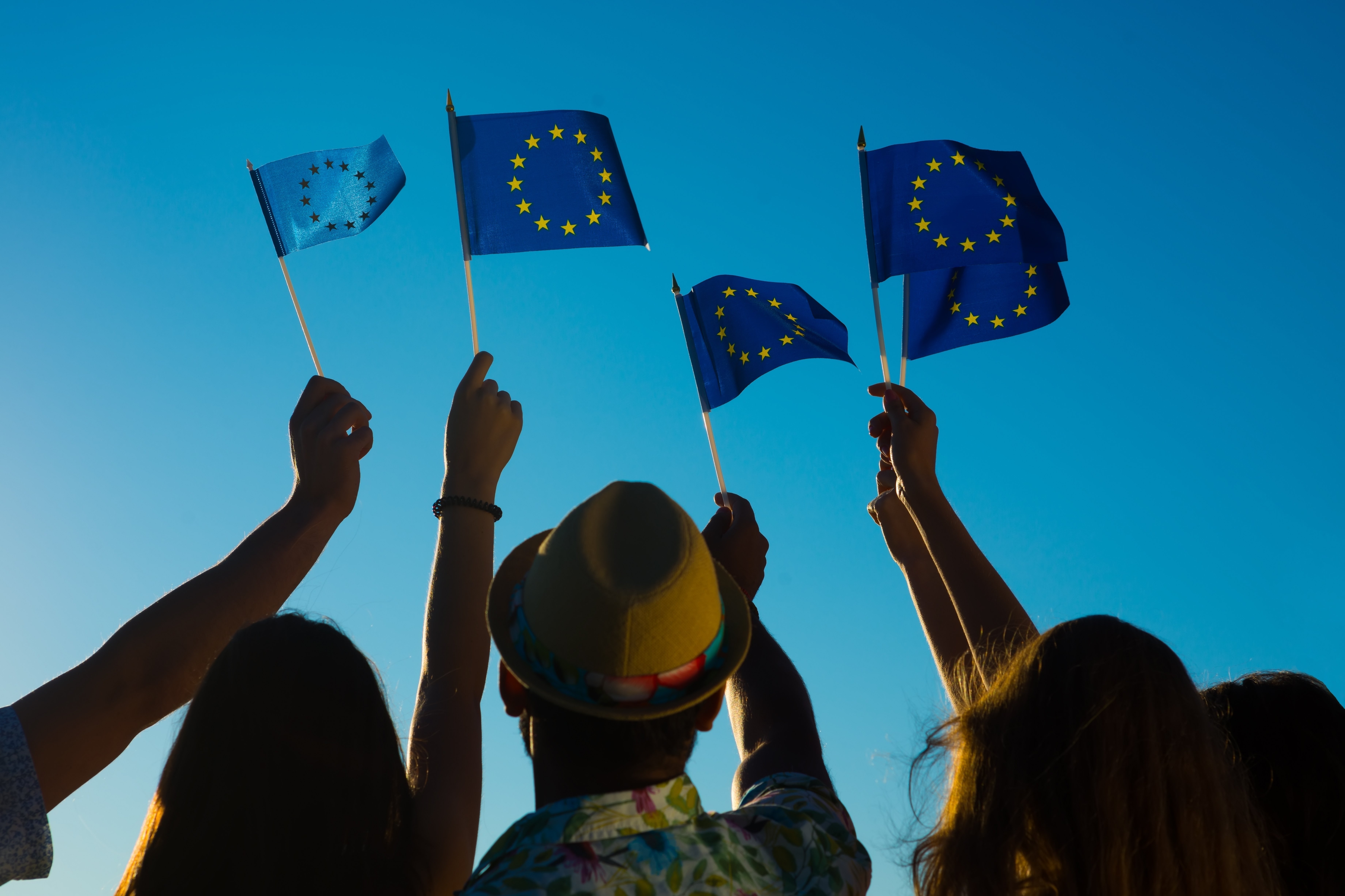 VdK-Aktion Europawahl 2024 Mensche halten kleine Europaflaggen in den Himmel