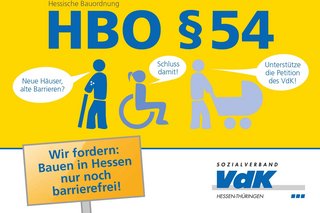 Gelbe Karte mit dem Paragrafen 54 der Hessischen Bauordnung, der nach Meinung des VdK neu formuliert werden muss. refreiheit nur 