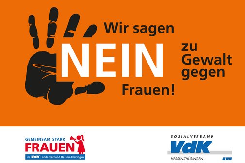 Der schwarze Abdruck einer ausgestreckten Hand. Darin und daneben der Text: "Wir sagen NEIN zu Gewalt gegen Frauen!"