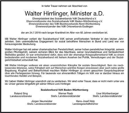 Traueranzeige zum Tode von Ehrenpräsident Walter Hirrlinger