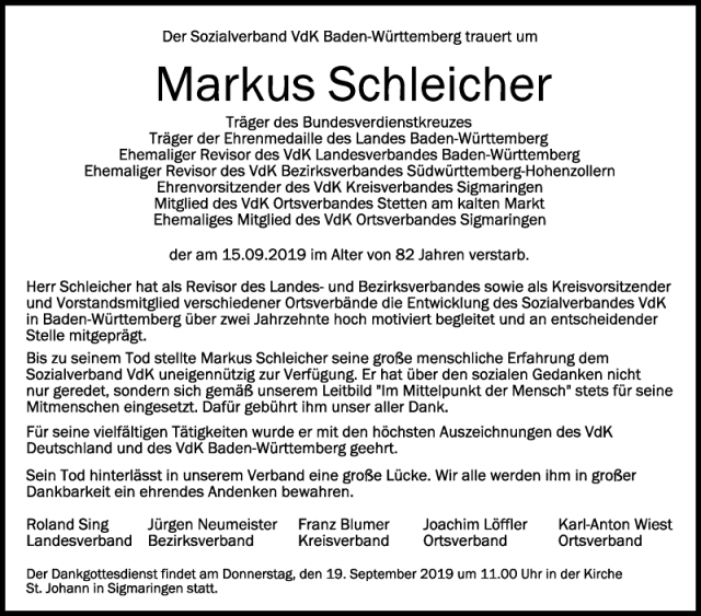 Nachruf Markus Schleicher