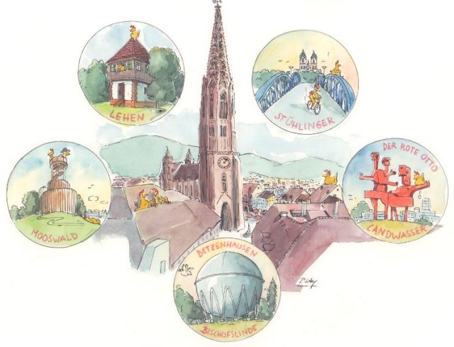 Zeichnung von Peter Gaymann mit den typischen Motiven unserer Stadtteile Mooswald, Lehen, Landwasser, Stühlinger, Betzenhausen-Bischofslinde