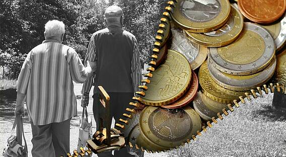 Die Grafik zeigt ein Rentnerpaar, das Bild wird von einem Reißverschluss geteilt, durch dessen Öffnung Münzen zu sehen sind.