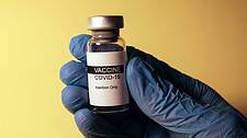 Das Foto zeigt eine Hand in einem blauen Gummihandschuh, die eine Impfdosis mit der Aufschrift "COVID-19" hält