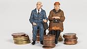 Symbol: Zwei Rentnerfigürchen sitzen auf kleinen Stapeln aus Cent-Münzen