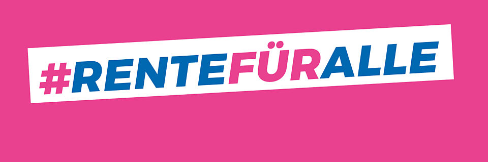 Banner zur VdK-Kampagne Rentefüralle. Der Hashtag #Rentefüralle steht auf pinkem Hintergrund.