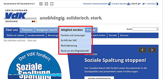 Screenshot der Rubrik "Mitglied werden" auf www.vdk.de