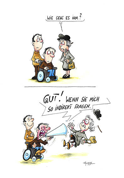 Cartoon: Eine Frau spricht den Begleiter eines Mannes im Rollstuhl an, statt ihn selbst anzusprechen