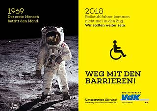 Links im Bild: 1969: Der erste Mensch betritt den Mond", rechts im Bild "2018: Rollstuhlfahrer kommen nicht mal in den Zug. Wir sollten weiter sein!