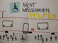 Das Gewinnerplakat - ein Motiv das der Realität sehr nahe kommt: Rollstuhlfahrer kommen nicht in einen Zug