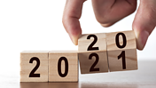 Das Bild zeigt zwei vier Würfel, mit denen der Wechsel vom Jahr 2020 zum Jahr 2021 angedeutet wird.