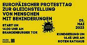 Plakat mit Daten zum Start des Europäischen Protesttag am 5. Mai in Berlin: Start um 14 Uhr am Brandenburger Tor, Kundgebung um 14.45 Uhr am Roten Rathaus