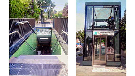 Linkes Foto Treppe mit beidseitigen Handlauf, Markierungen und Leitstreifen. Rechts: Aufzug.