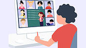Die Grafik zeigt ein Schulkind, das per PC und Bildschirm am Schulunterricht teilnimmt.