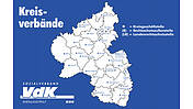Themenbild: Landkarte von Rheinland-Pfalz mit allen Kreisgeschäftsstellen und Rechtsschutzstellen des Sozialverband VdK Rheinland-Pfalz eingezeichnet