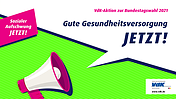 Kampagnenmotiv Sozialer Aufschwung JETZT! Megafon mit Sprechblase: VdK-Aktion zur Bundestagswahl 2021 Gute Gesundheitsversorgung JETZT!
