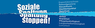 Plakatmotiv der VdK-Aktion "Soziale Spaltung stoppen!" zur Bundestagswahl. Ein Riss geht durch die Schrift "Soziale Spaltung stoppen".