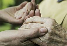 Symbolfoto: Eine junge Hand hält die Hand einer Seniorin