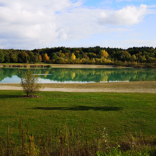 Langweid See. Die grünen Bäume spiegeln sich im See. Weiße Wolken ziehen über den blauen Himmel.